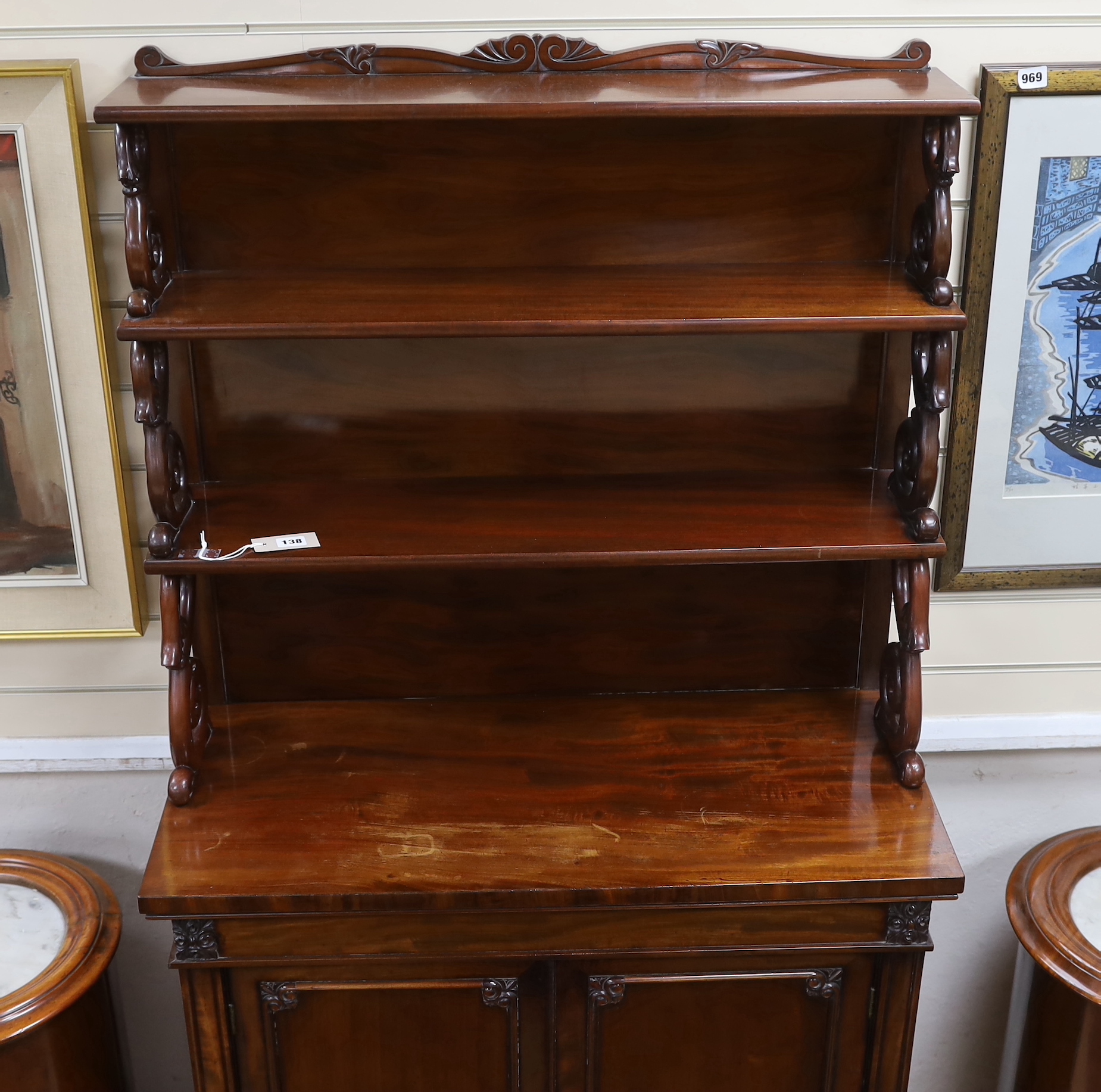 A Victorian mahogany chiffonier with graduated superstructure, width 87cm, depth 39cm, height 174cm